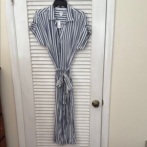 GAP NWT Blue and White Striped Midi Dress with  Collar and Tie Front